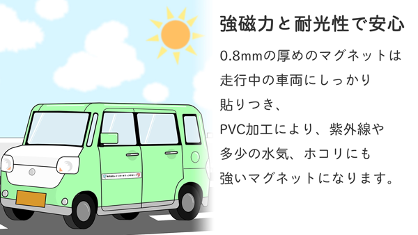 強磁力と耐光性で安心。0.8mmの厚めのマグネットは、走行中の車両にしっかり貼りつき、PVC加工により、紫外線や多少の水気、ホコリにも強いマグネットになります。